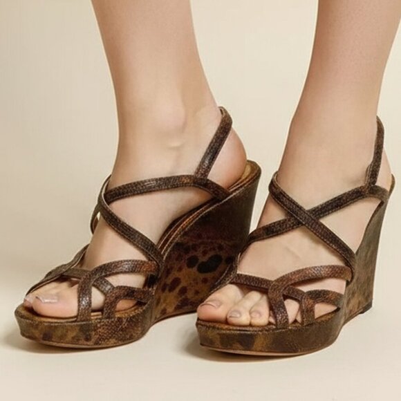 Max Studio Women's Brown/Tan Python Wedge Sandals | Women's Size 7 - Picture 1 of 6